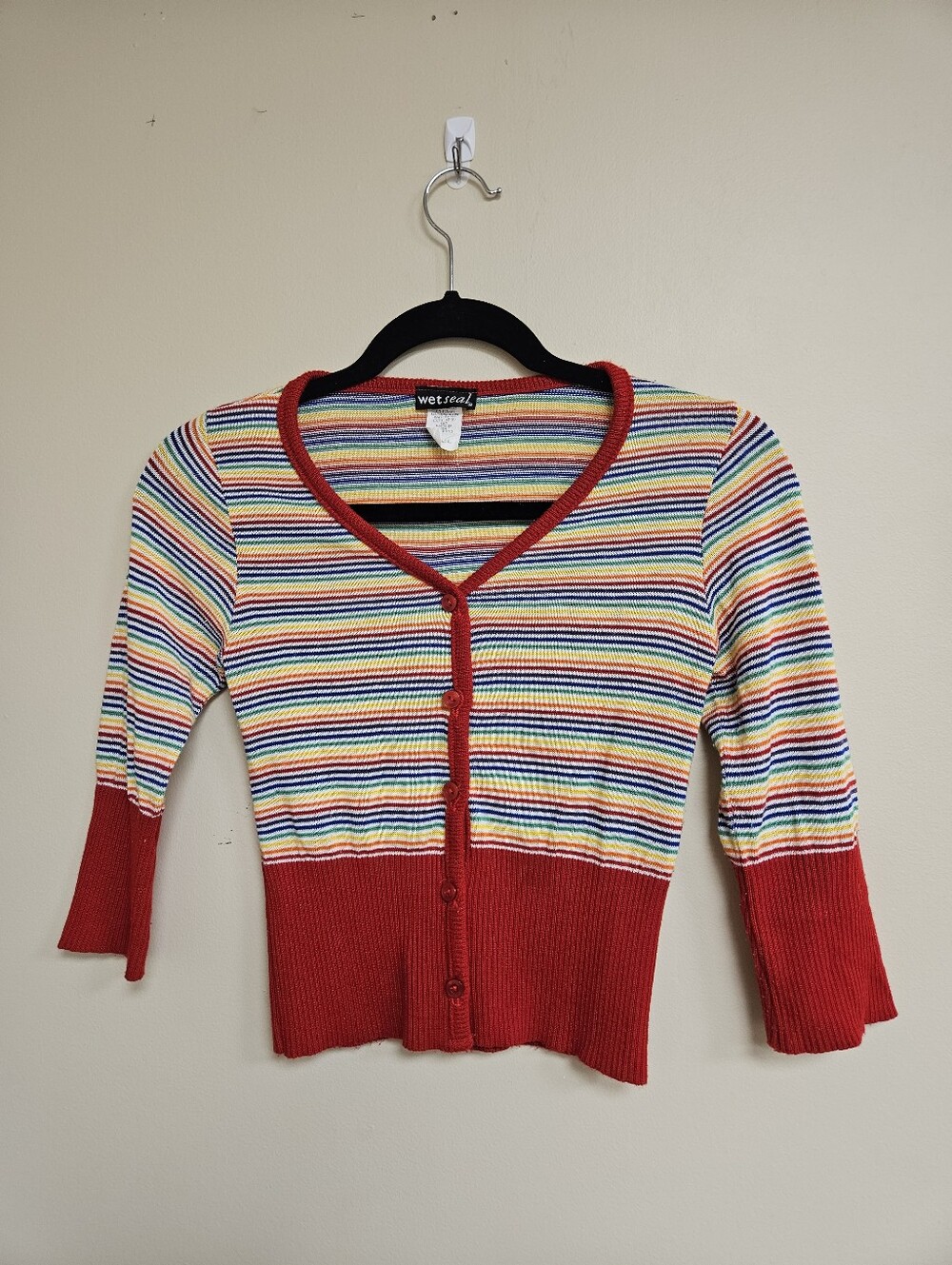 VTG Wet Seal Y2K Rainbow Striped Crop Cardigan Sweater Small Made In USA